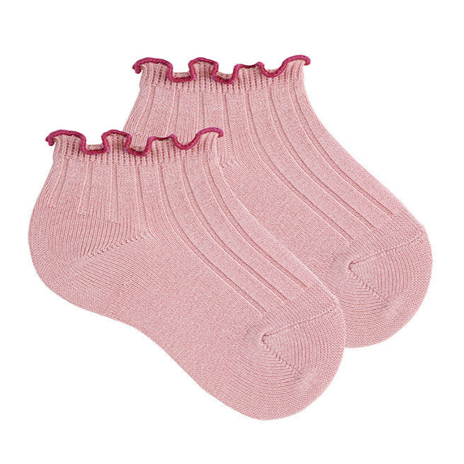 Cóndor Ankle Ribbed Cotton Socks with Contrast Curls - Strawberry
