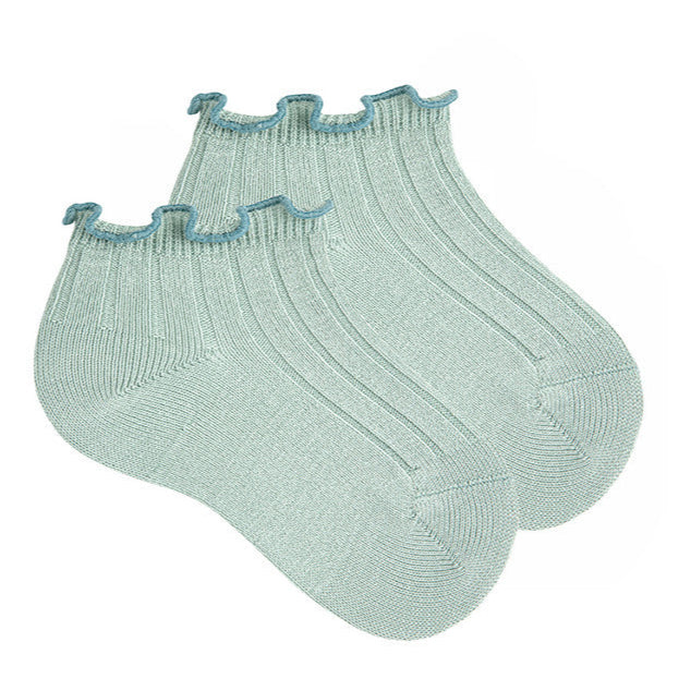 Cóndor Ankle Ribbed Cotton Socks with Contrast Curls - Pale Mint