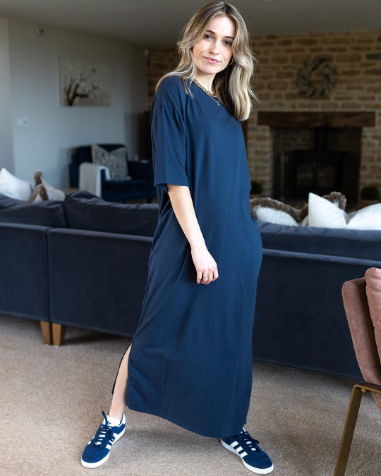 womens organic cotton dress navy 100% Organic Cotton Tiered Maxi Dress in Navy
