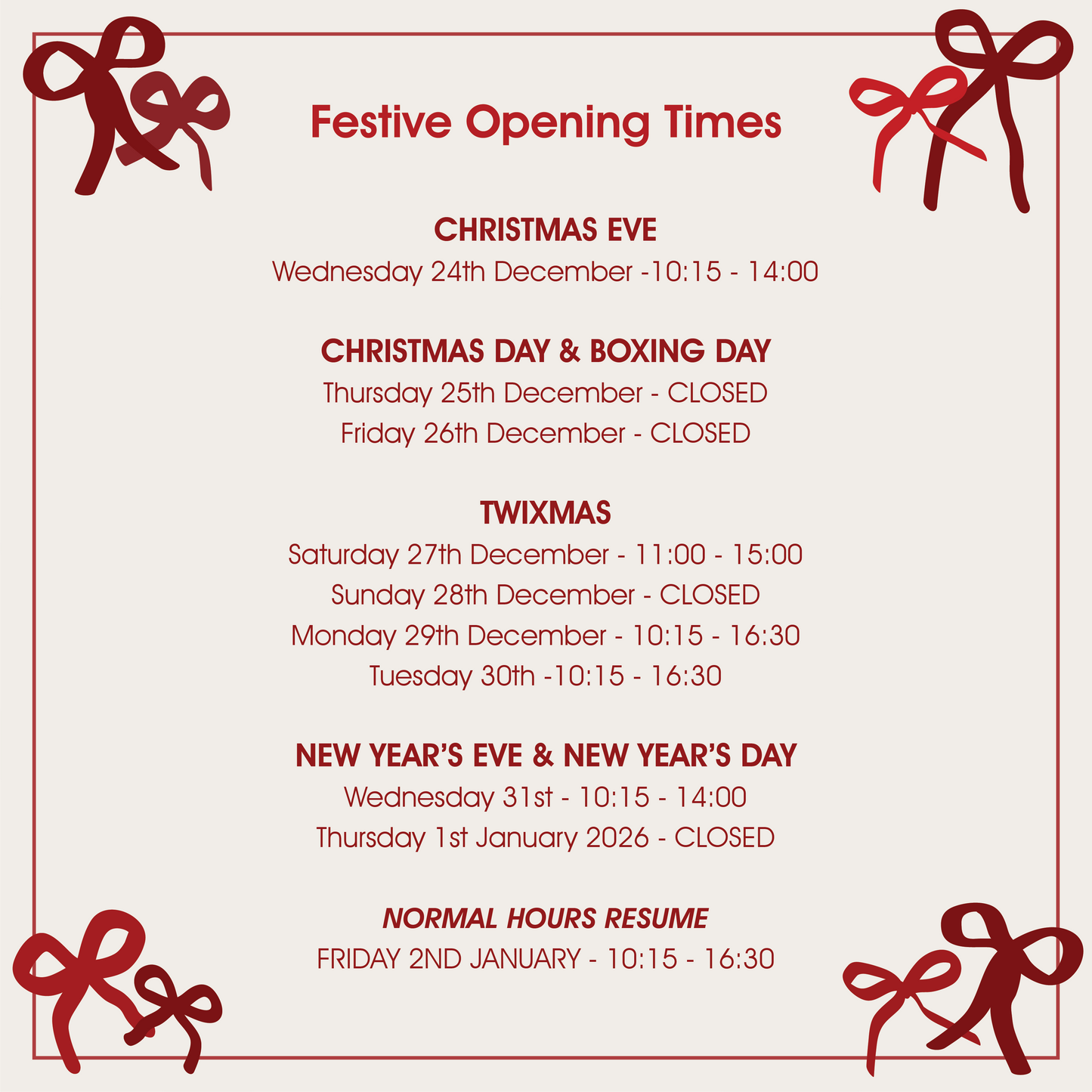SMALL-FOLK Festive Opening Times 2025
