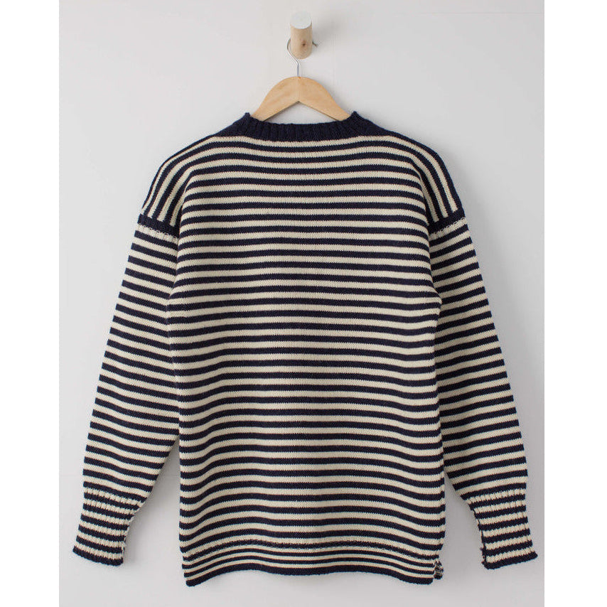 Le Tricoteur Adults Navy & Cream Striped Rocquaine Guernsey Jumper
