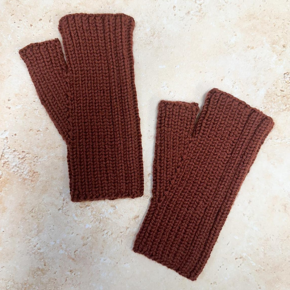 SMALL FOLK Handknits Hand Knitted Ribbed Fingerless Mitts - Gingerbread