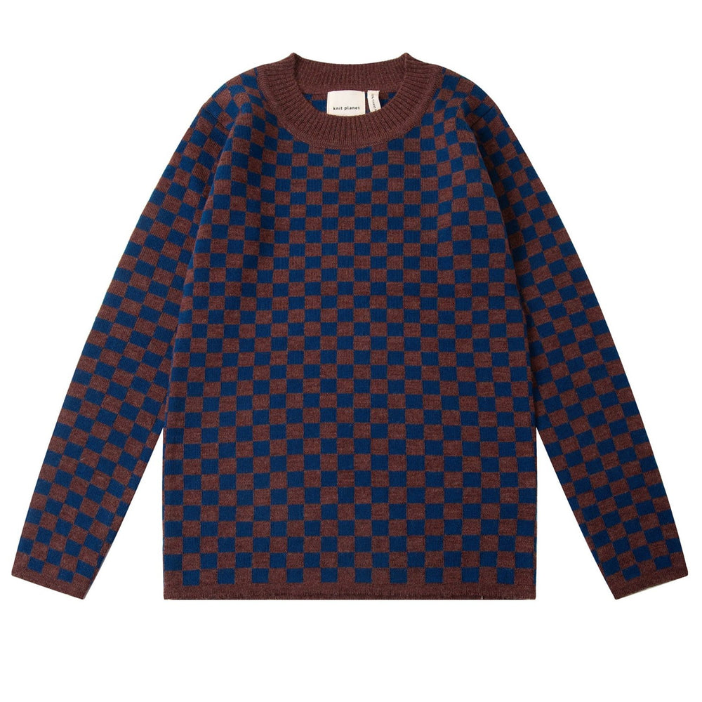 Knit Planet Checkered Merino Knit Pullover - Navy/Choco