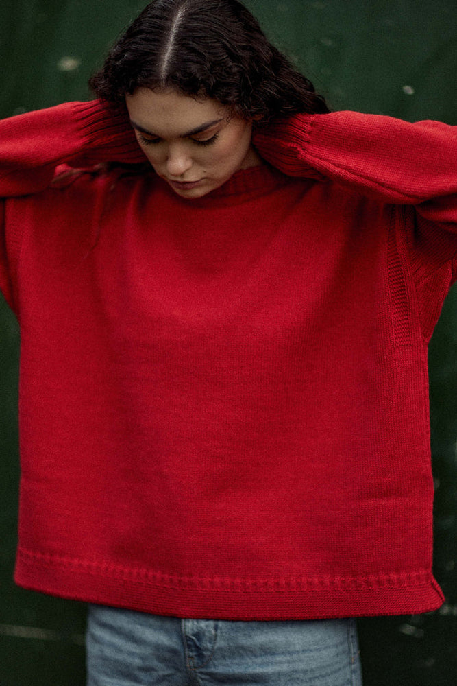 
                  
                    Le Tricoteur Adults Red Cropped Guernsey Jumper
                  
                