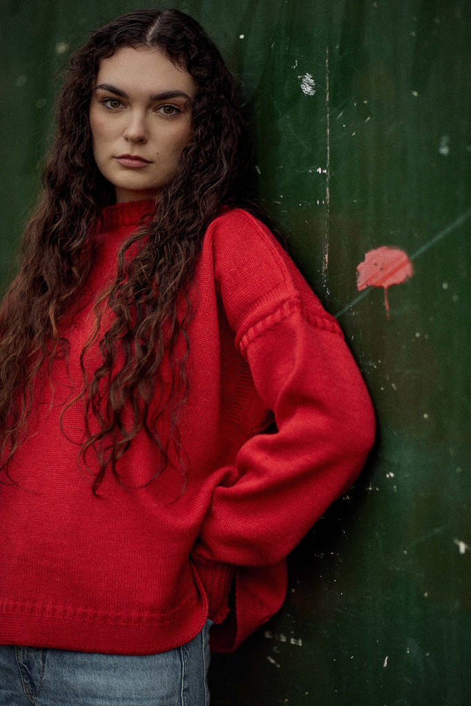 Le Tricoteur Adults Red Cropped Guernsey Jumper