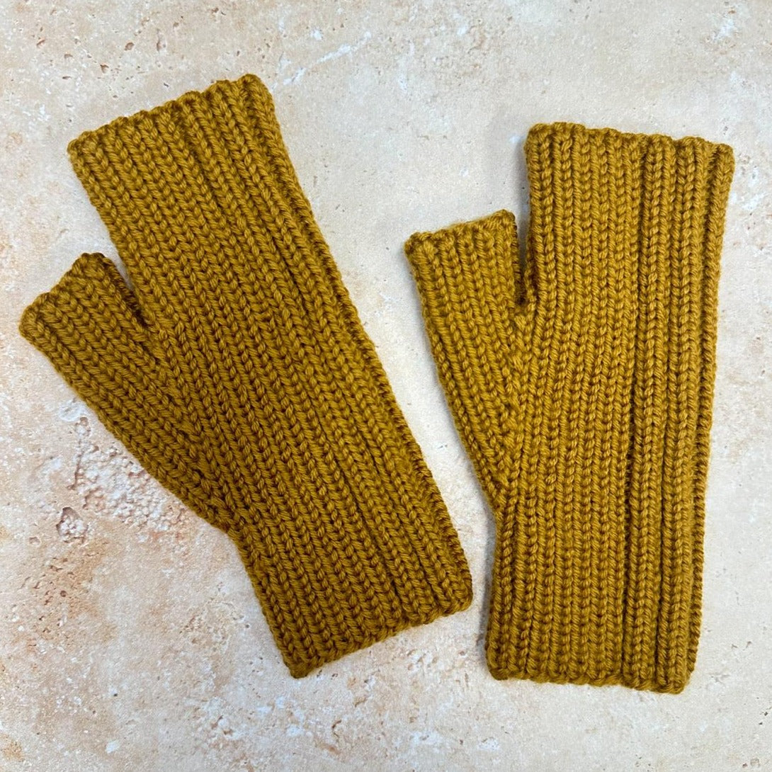 SMALL FOLK Handknits Hand Knitted Ribbed Fingerless Mitts - Old Gold