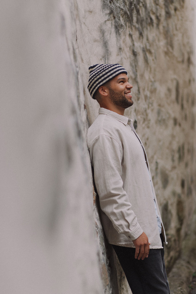 Le Tricoteur Knitted Beanie - Aran Cream/Navy Stripe