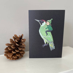 Juliet Thomas Doodles Green Woodpecker and Elf Greetings Card