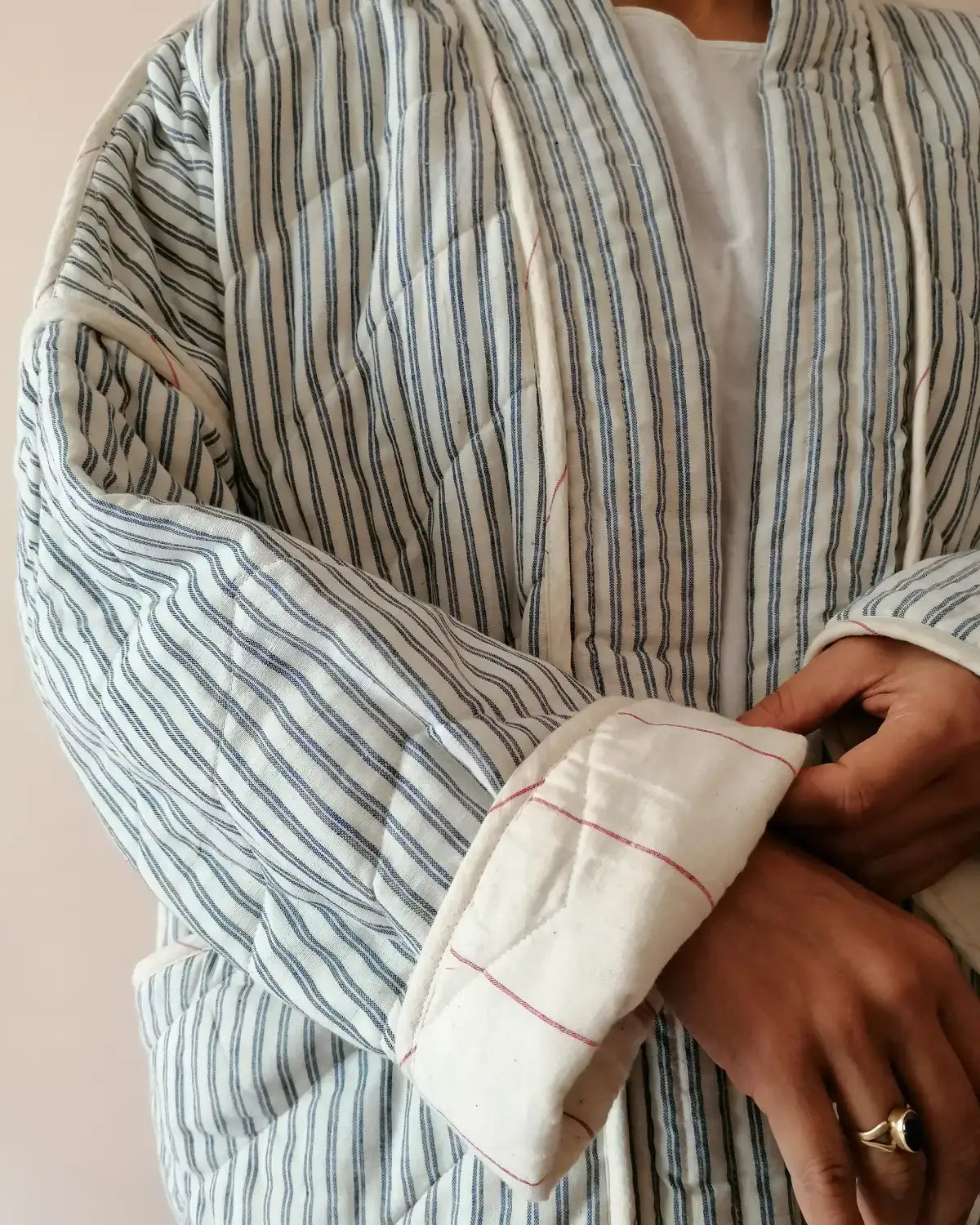 Cotton Conscious Women's Quilted Kimono Jacket - Handwoven Ticking