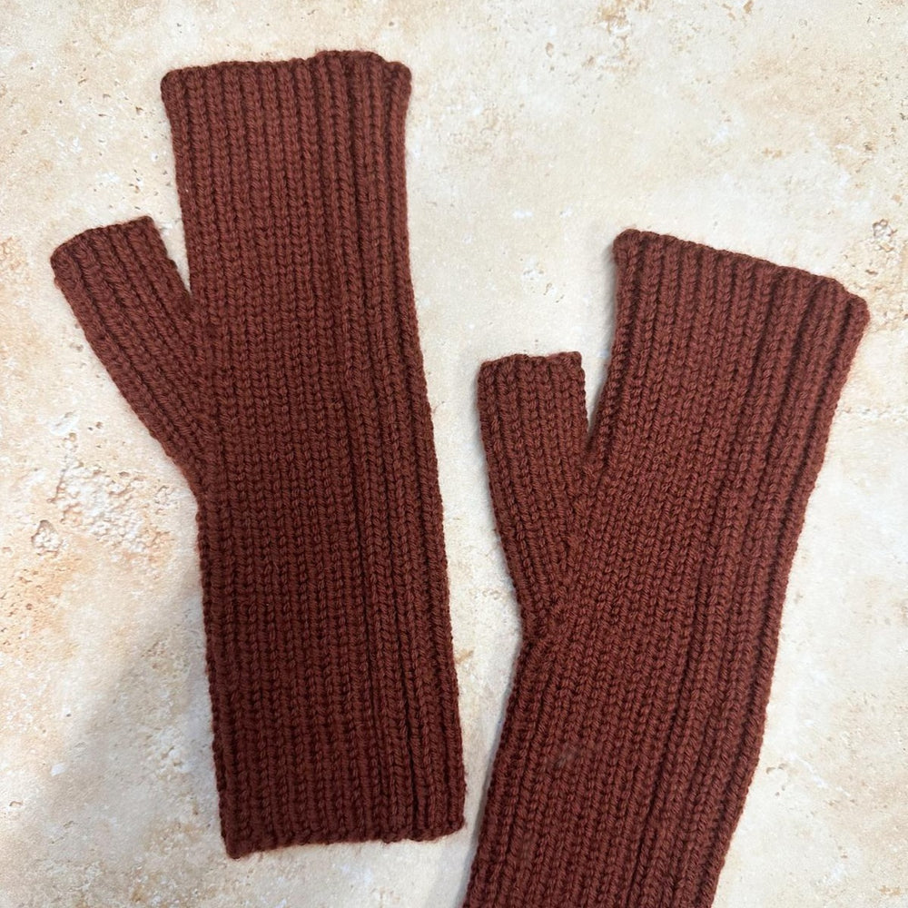 SMALL FOLK Handknits Women's Hand Knitted Ribbed Fingerless Mitts - Gingerbread