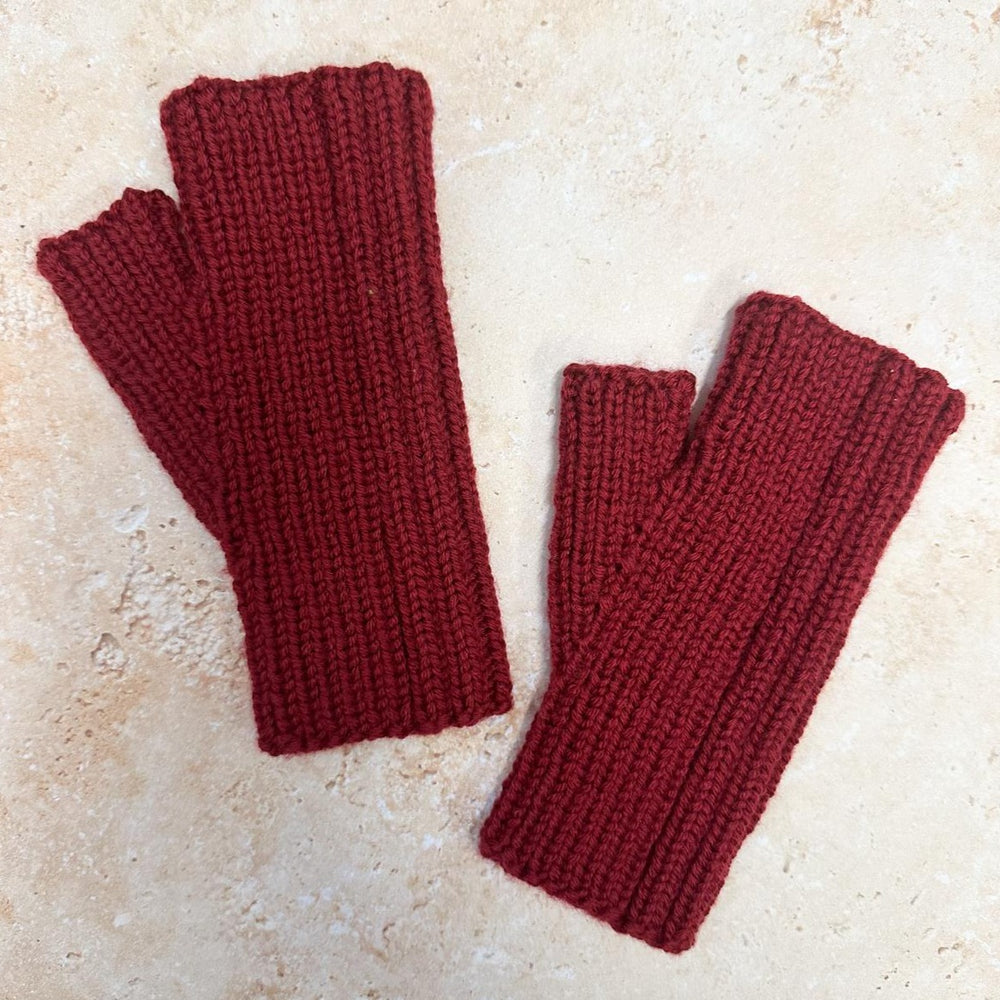 SMALL FOLK Handknits Hand Knitted Ribbed Fingerless Mitts - Garnet