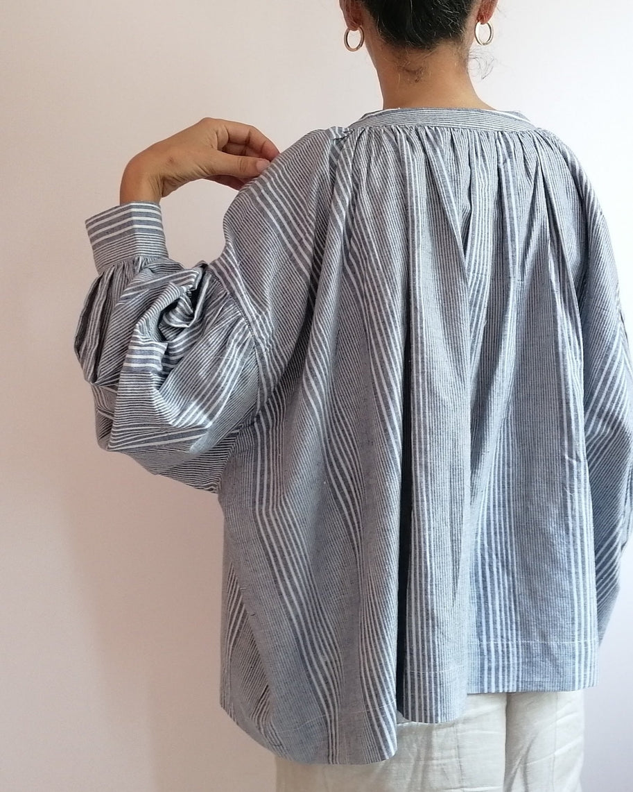Cotton Conscious Handwoven Cotton Gathered Shirt, Blue Ticking Stripe