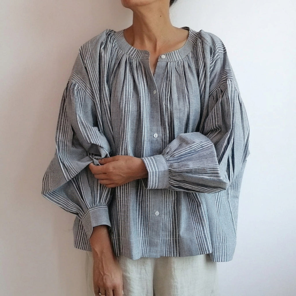 Cotton Conscious Handwoven Cotton Gathered Shirt, Blue Ticking Stripe