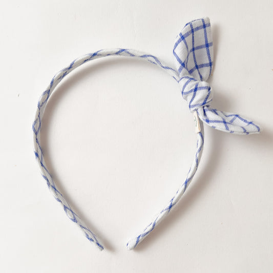 Runaround Retro Small Side Bow Alice Band - Blue Check Linen