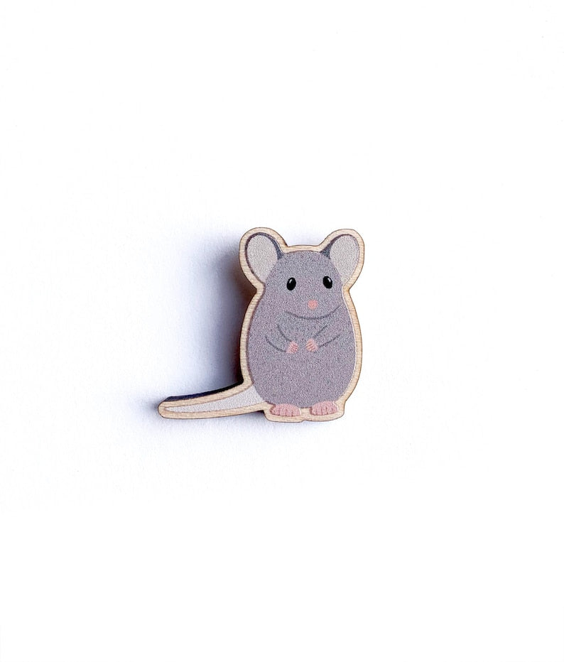 Grey Mouse, Responsibly Sourced Birch Wood Pin