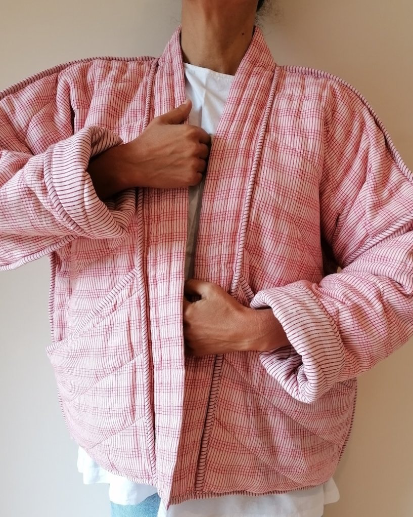 Cotton Conscious Women's Quilted Kimono Jacket - Pink Check