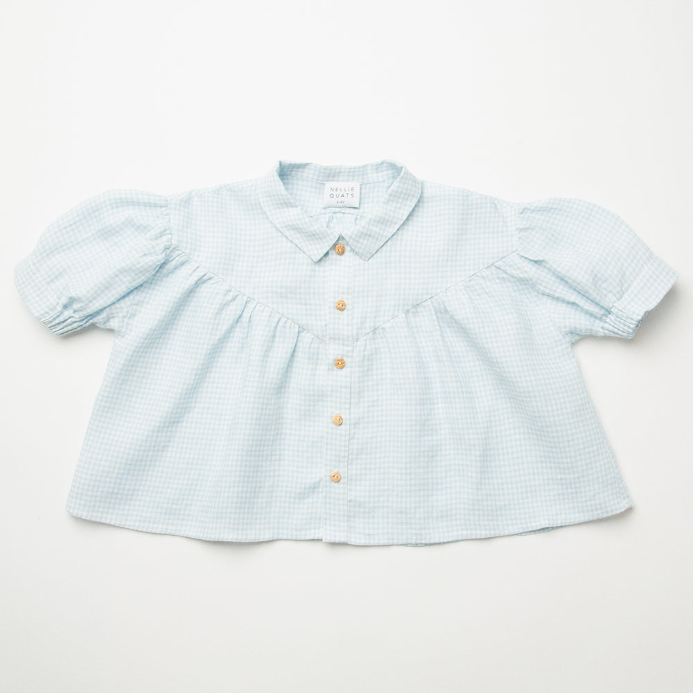 Nellie Quats Duck Duck Goose Blouse - Baby Blue & Milk Mini Check Linen