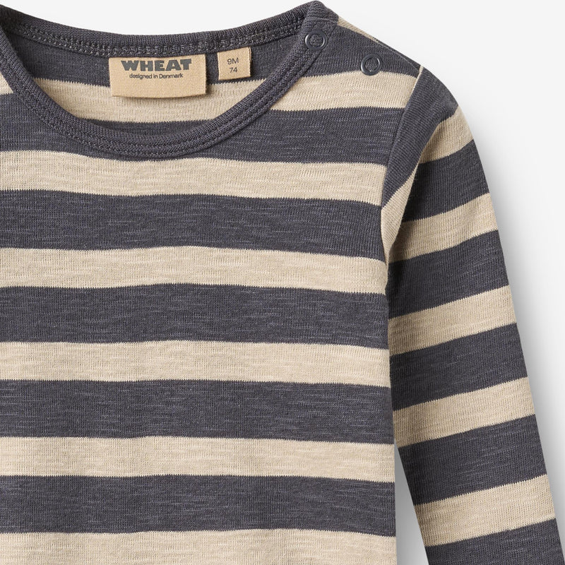Wheat Clothing Freddie Long Sleeve Bodysuit - Grey/Blue Stripe