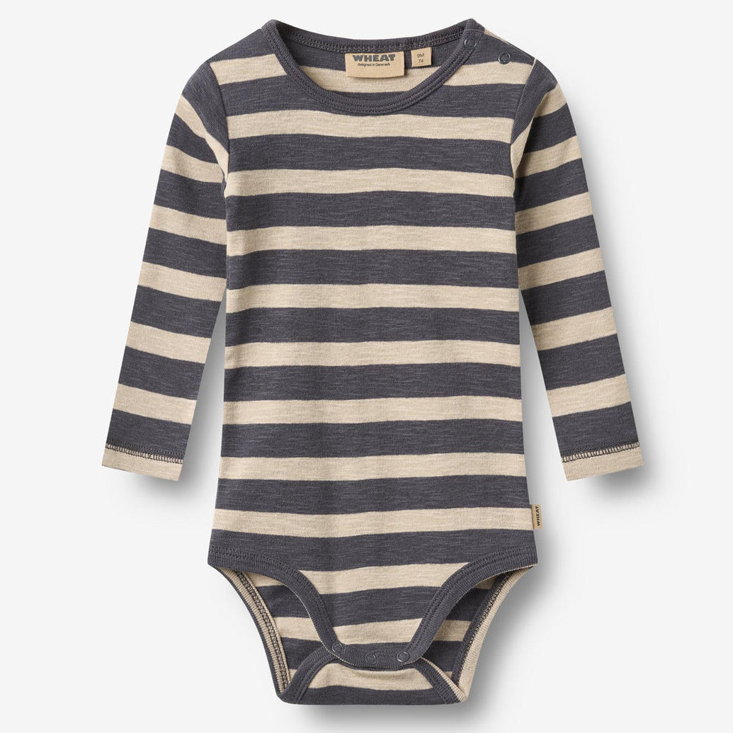 Wheat Clothing Freddie Long Sleeve Bodysuit - Grey/Blue Stripe