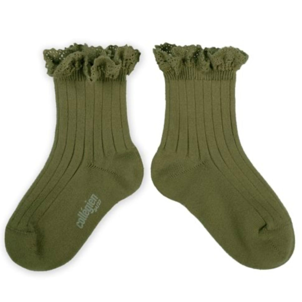 Lili Lace Trim Cotton Ankle Socks - Olive