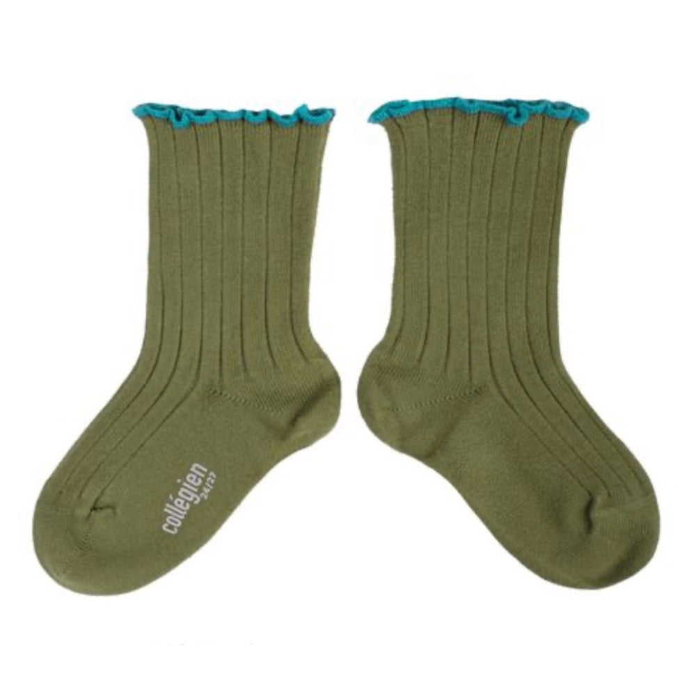 Collégien Women's Delphine Lettuce Trim Cotton Ankle Socks - Olive