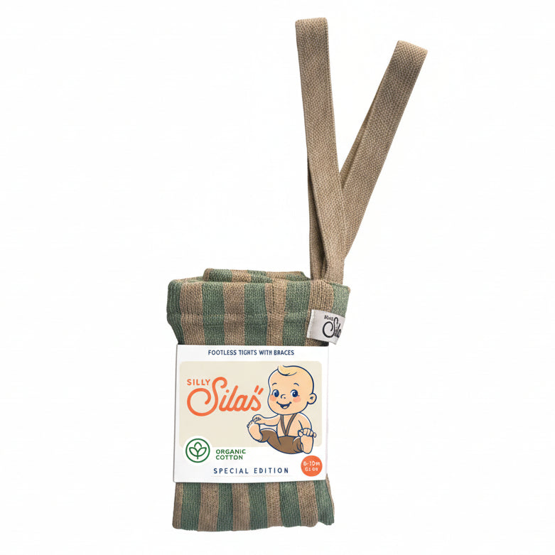 Silly Silas Footless Tights With Braces - Matcha x Peanut Stripe