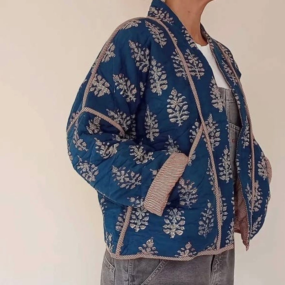 
                      
                        Women's Quilted Kimono Jacket - Indigo Flowers
                      
                    