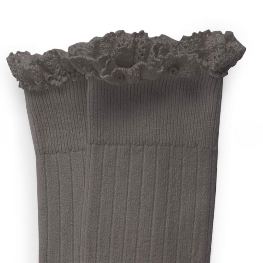 Josephine Lace Trim Cotton Knee High Socks - Pebble Grey