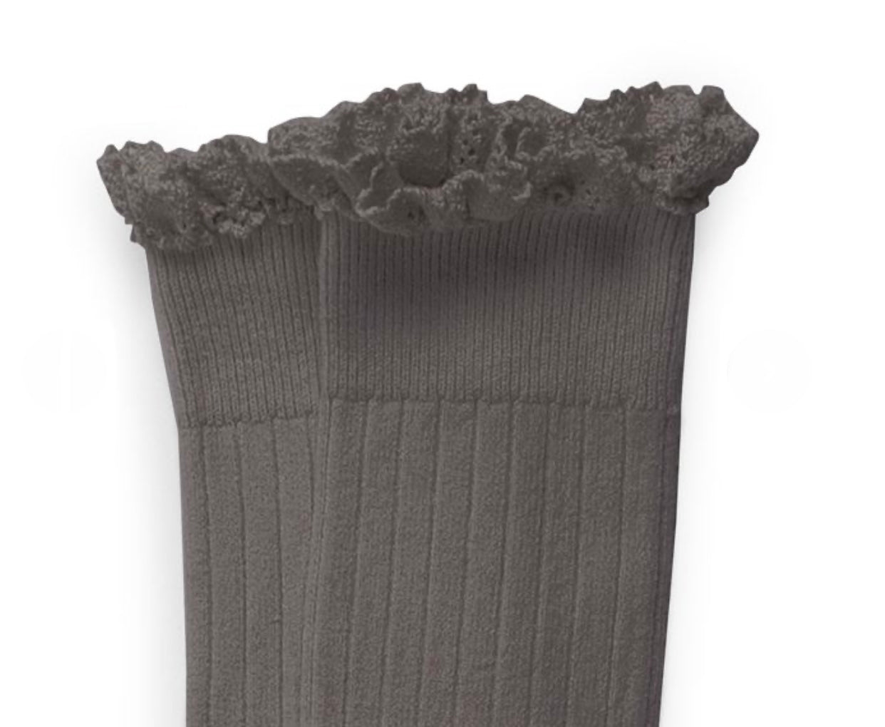 Josephine Lace Trim Cotton Knee High Socks - Pebble Grey