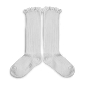 Josephine Lace Trim Cotton Knee High Socks - Snow White
