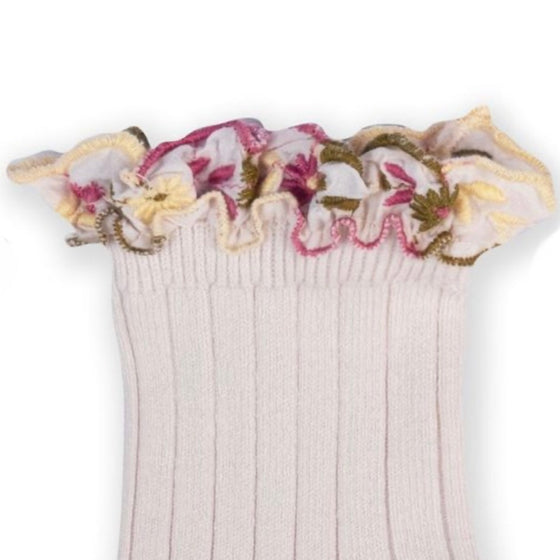 Women's Anemone Embroidered Ruffle Ankle Socks - Snow White