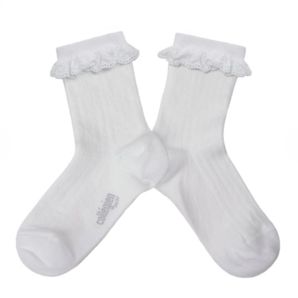 Pauline Broderie Anglaise Trim Cotton Ankle Socks - Snow White