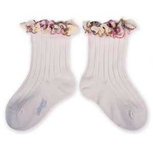 Anemone Embroidered Ruffle Ankle Socks - Snow White