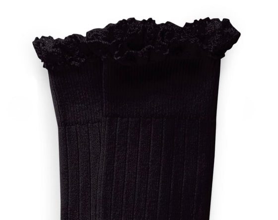 Josephine Lace Trim Cotton Knee High Socks - Carbon Black