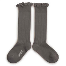  Josephine Lace Trim Cotton Knee High Socks - Pebble Grey