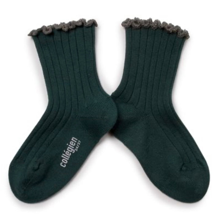 Collégien Women's Delphine Lettuce Trim Cotton Ankle Socks - Forest Green