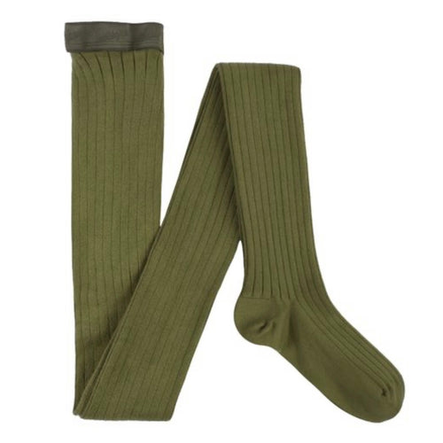 Women's Ribbed Cotton Tights - Olive Green