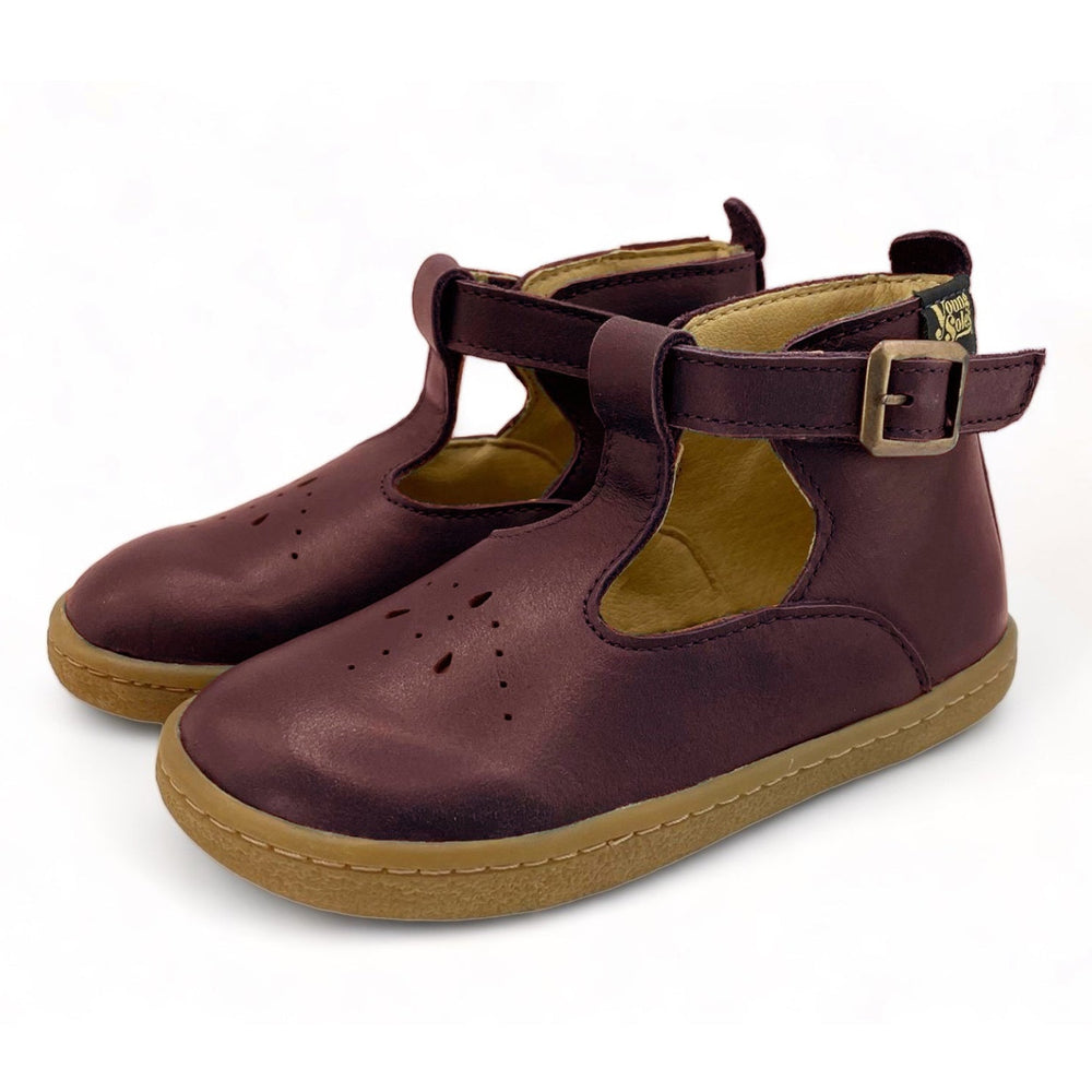 Young Soles Lark Barefoot Leather T-Bar Shoe - Berry