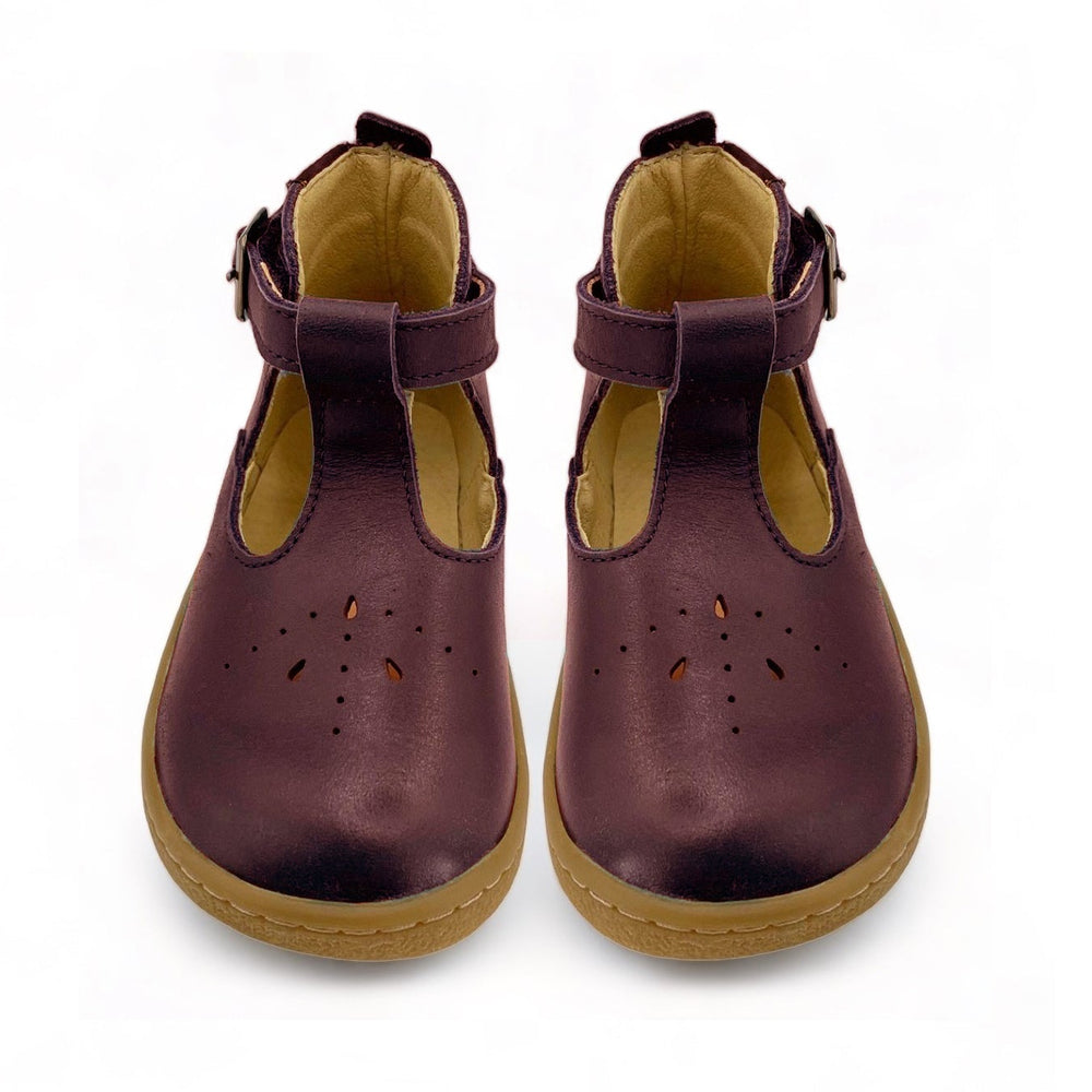 Young Soles Lark Barefoot Leather T-Bar Shoe - Berry