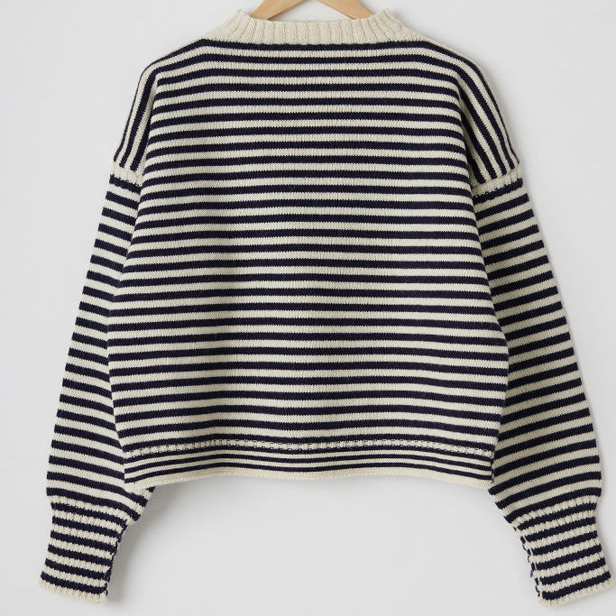 Le Tricoteur Adults Aran/Navy Stripe Cropped Guernsey Jumper