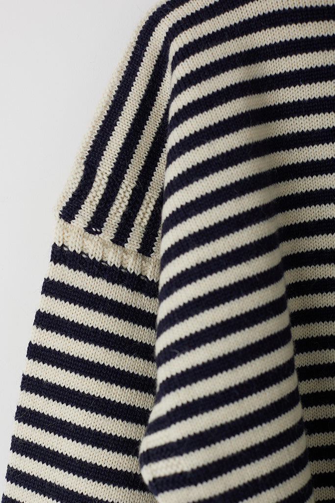 Le Tricoteur Adults Aran/Navy Stripe Cropped Guernsey Jumper