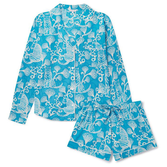 Myza Women's Organic Cotton Pyjama Shorts Set - Blue Tiger & Floral