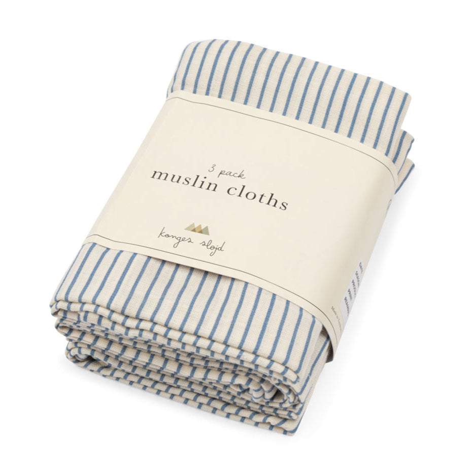 Konges Slojd Sløjd 3 Pack Muslin Cloths - Stripe Bluie