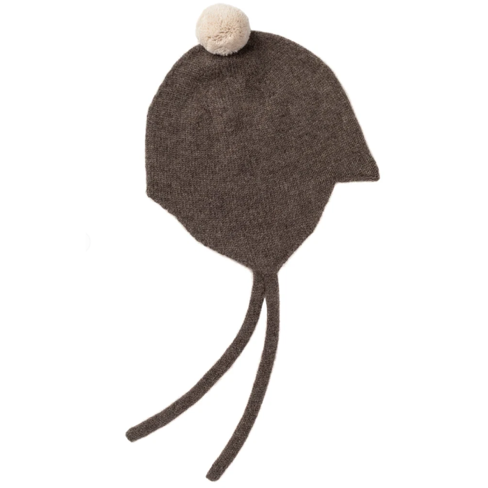 Rosie Sugden Cashmere Baby Bonnet - Pepperpot / Hessian Pom-Pom