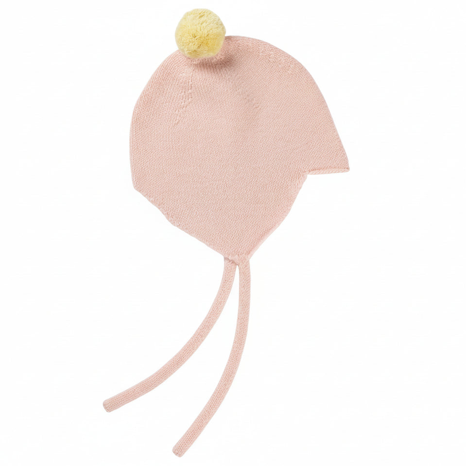 Rosie Sugden Cashmere Baby Bonnet - Marshmallow / Lemon Pom-Pom