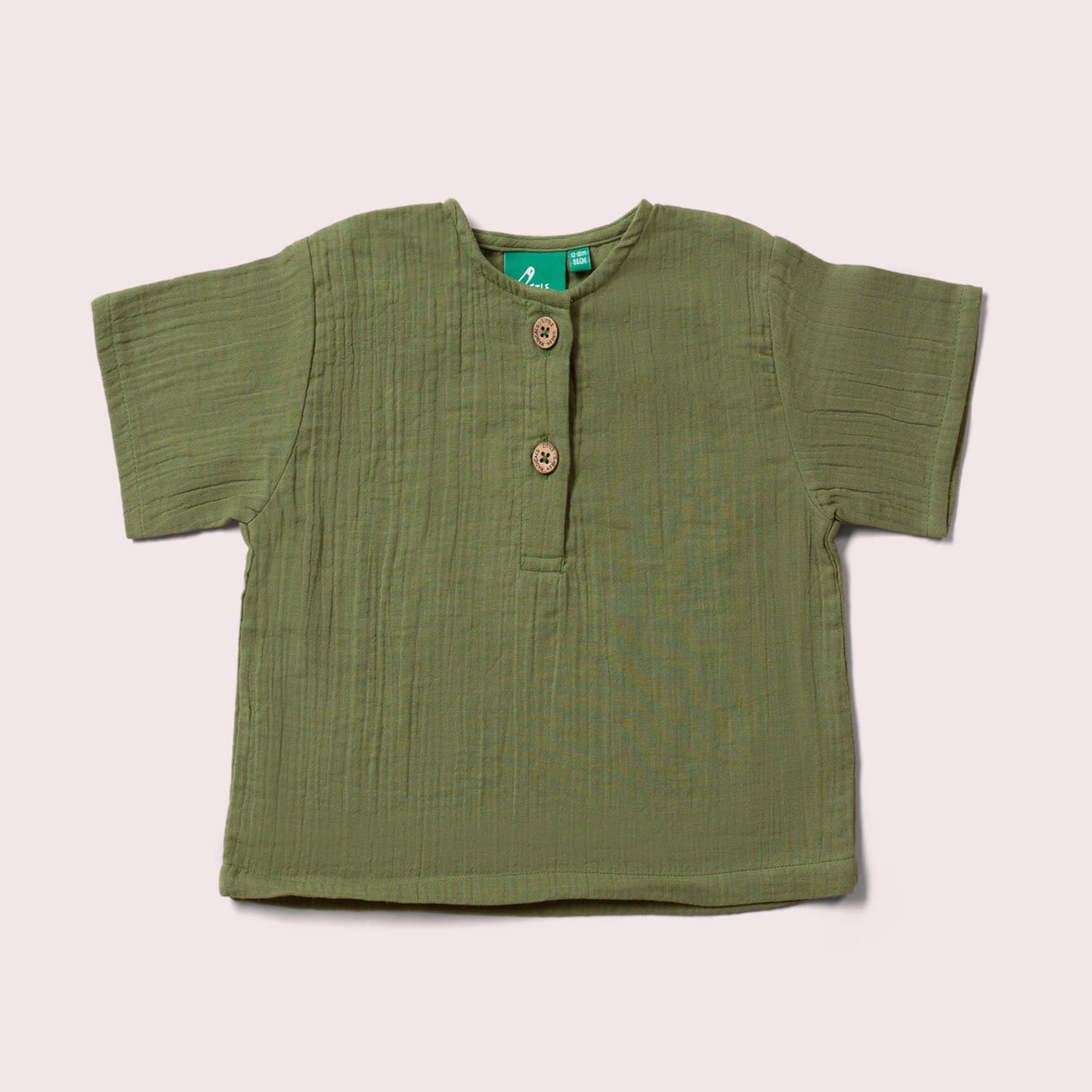 Little Green Radicals Muslin Short Sleeve Henley Top - Chive Green