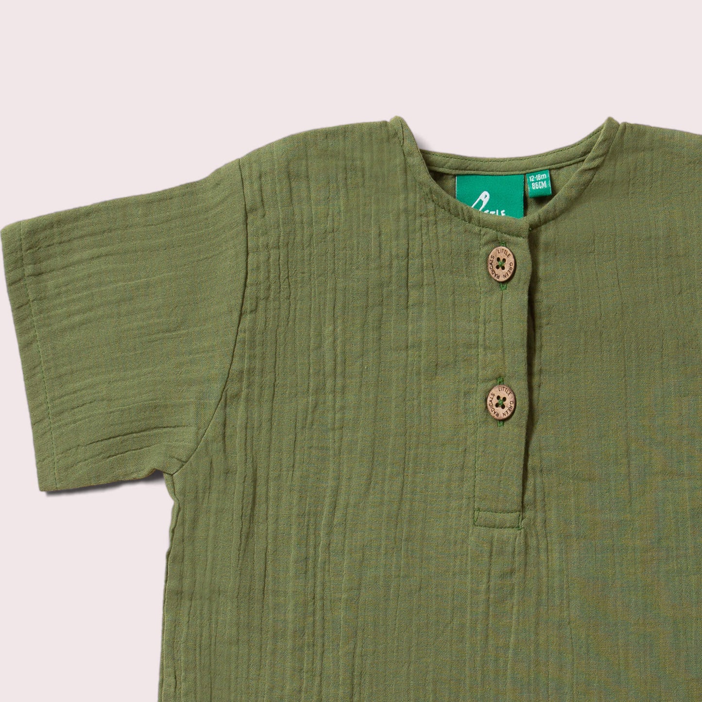 Little Green Radicals Muslin Short Sleeve Henley Top - Chive Green
