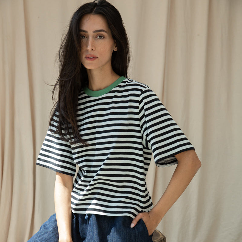 Beaumont Organic Women's Bay-Sue Organic Jersey Stripe Top | Black Stripe