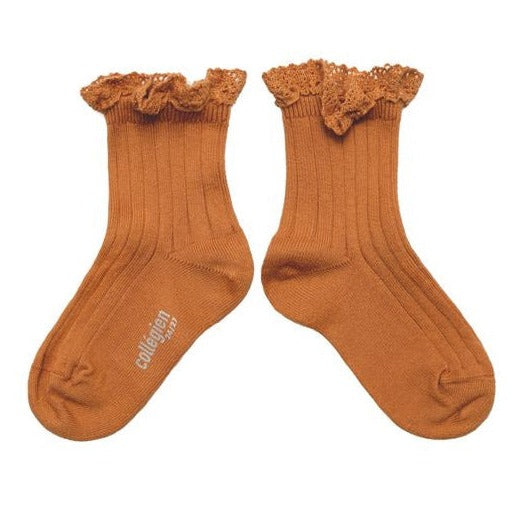 Collégien Lili Lace Trim Cotton Ankle Socks - Terracotta