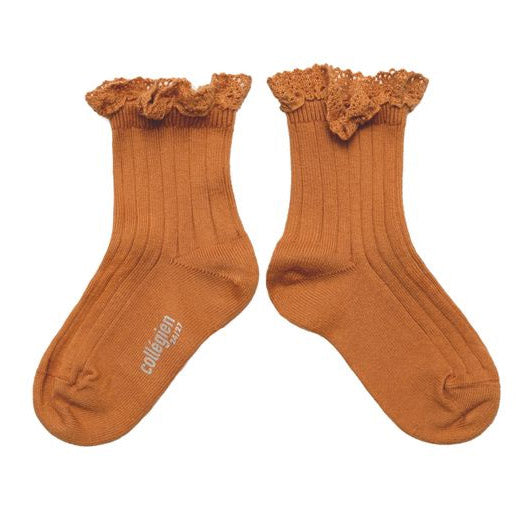 Collégien Women's Lili Lace Trim Cotton Ankle Socks - Terracotta